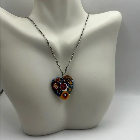 Millefiori Murano Glass Heart Pendant Necklace - Picture 4 of 10